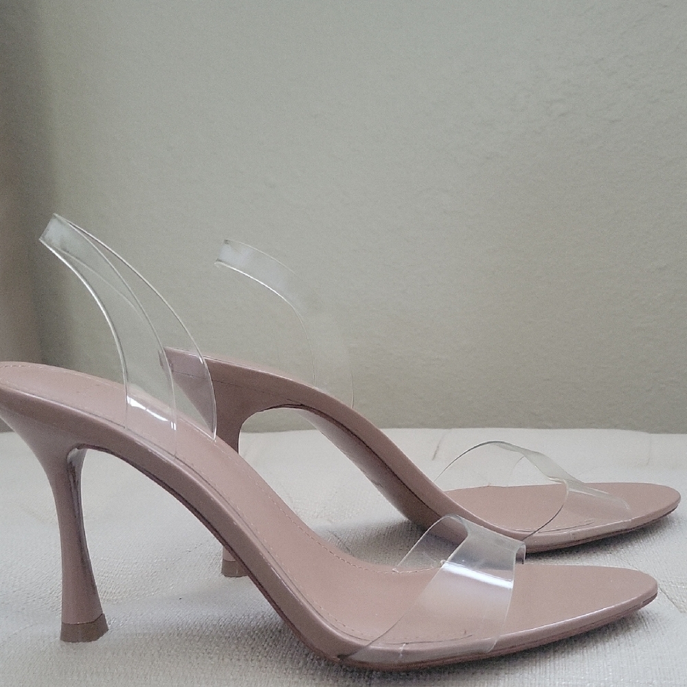 Clear Strap Slingback Heels in Nude/Tan color - Women